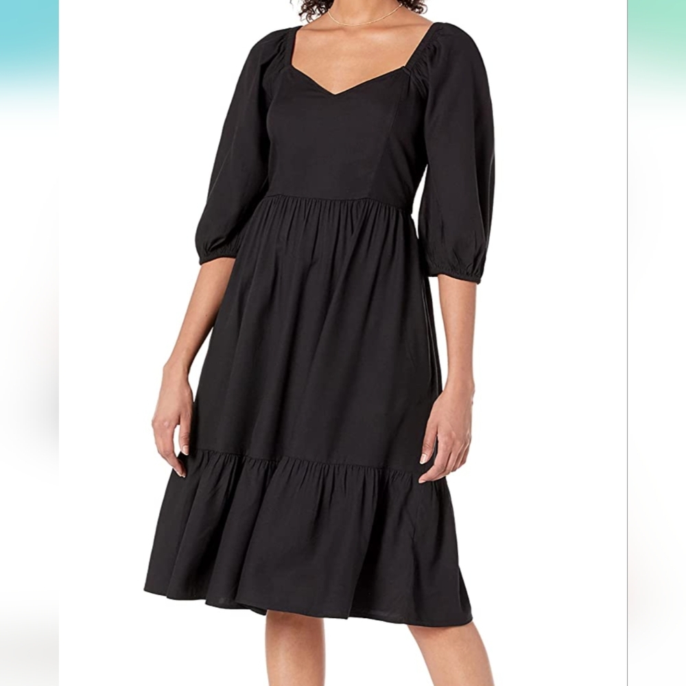 The Drop black puff sleeve dress with smocked bust